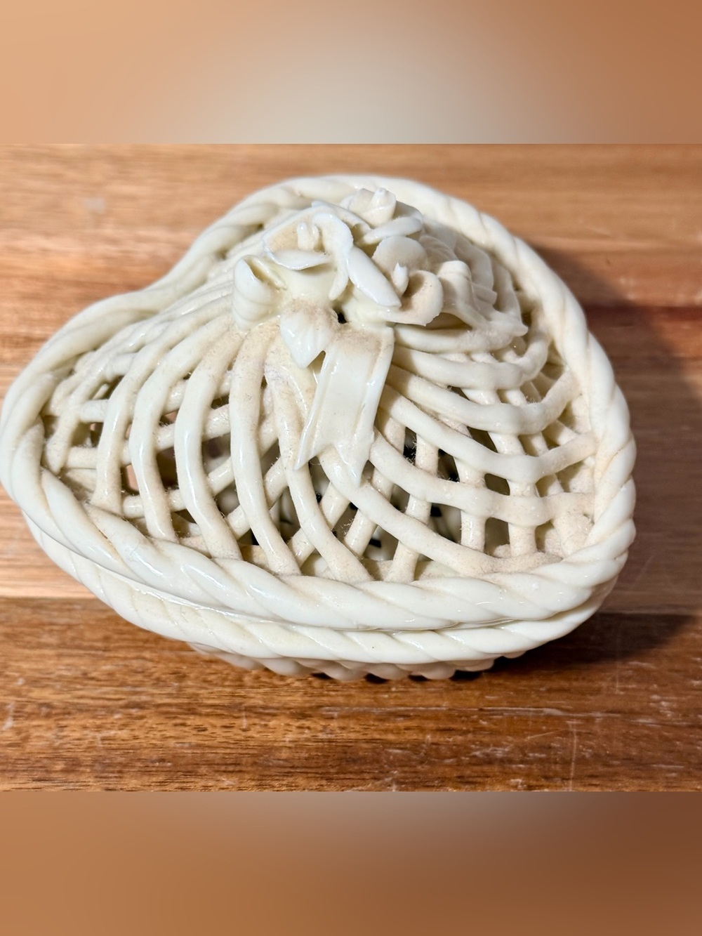 Vintage Ivory Lattice Heart shaped Ceramic Trinket Basket